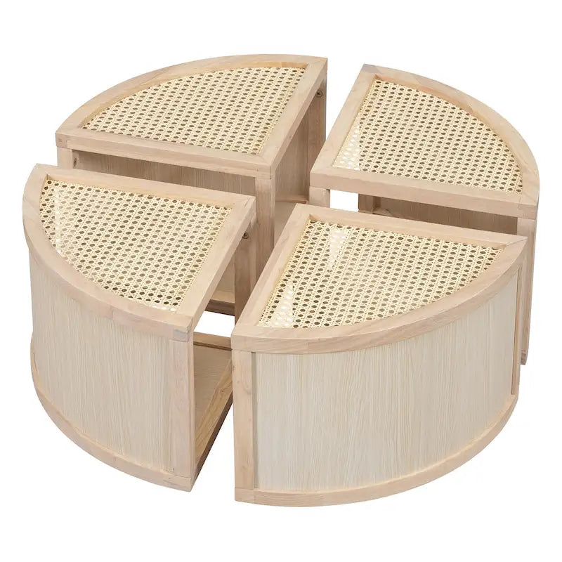 31.4 Table basse modulaire en bois moderne avec rotin naturel et rangement pour salon