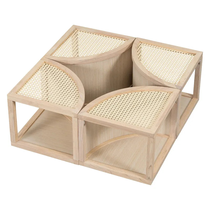 31.4 Table basse modulaire en bois moderne avec rotin naturel et rangement pour salon