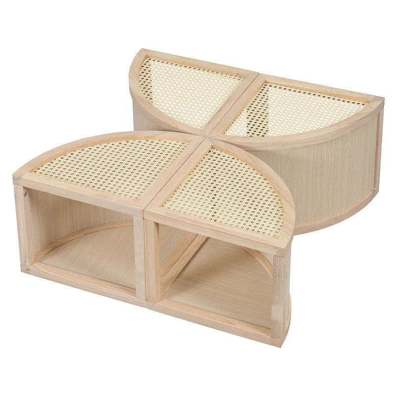 31.4 Table basse modulaire en bois moderne avec rotin naturel et rangement pour salon