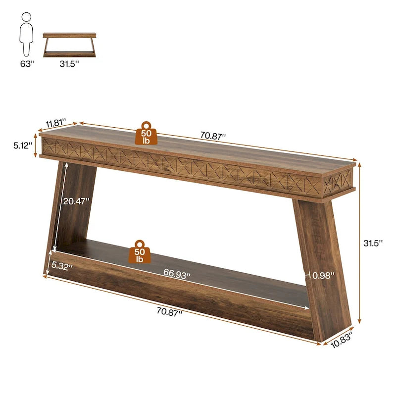 Console de ferme à 2 niveaux pour entrée, salon, couloir, hall d'accueil - 70,87 P x 11,81 L x 31,5 H