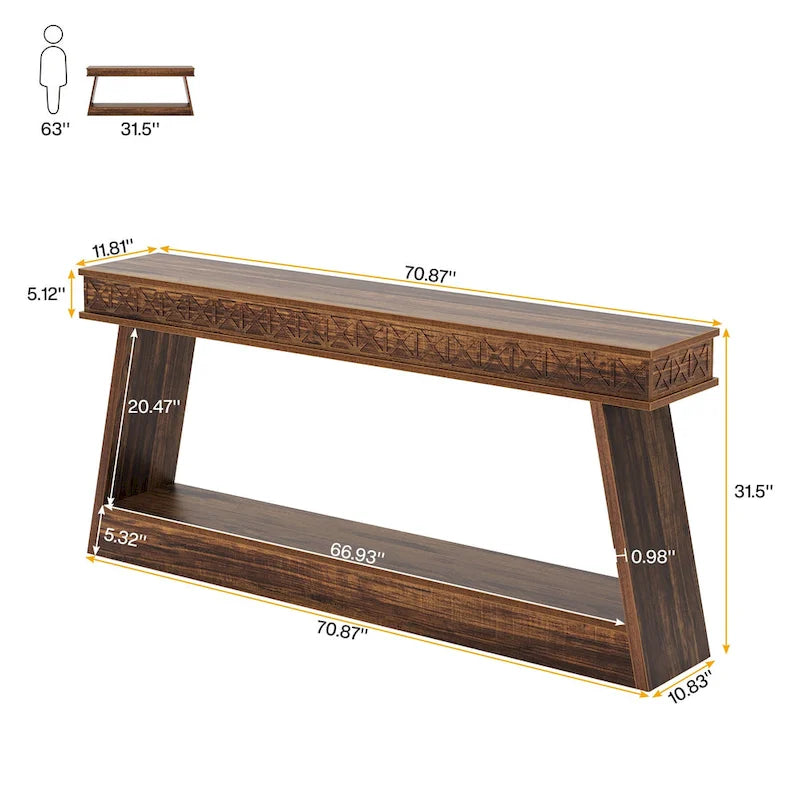 Console de ferme à 2 niveaux pour entrée, salon, couloir, hall d'accueil - 70,87 P x 11,81 L x 31,5 H