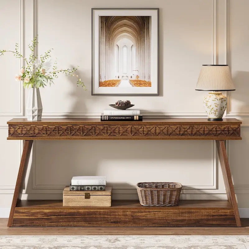 Console de ferme à 2 niveaux pour entrée, salon, couloir, hall d'accueil - 70,87 P x 11,81 L x 31,5 H