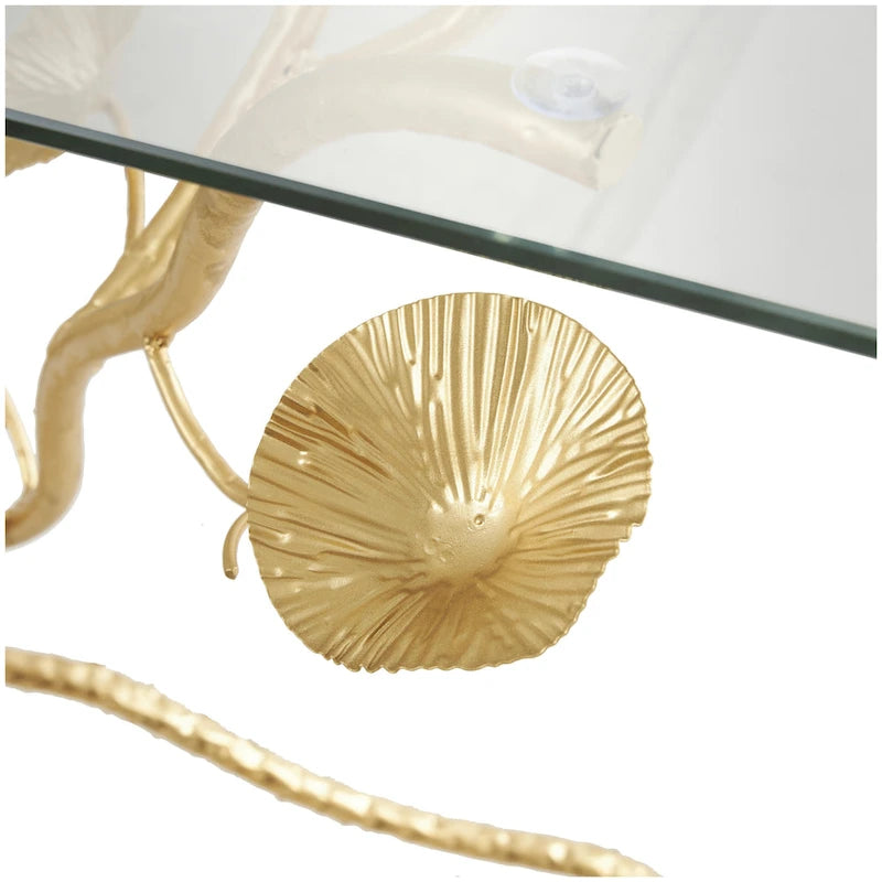 Console en métal avec plateau en verre et branches florales – Or – Roche River Decor