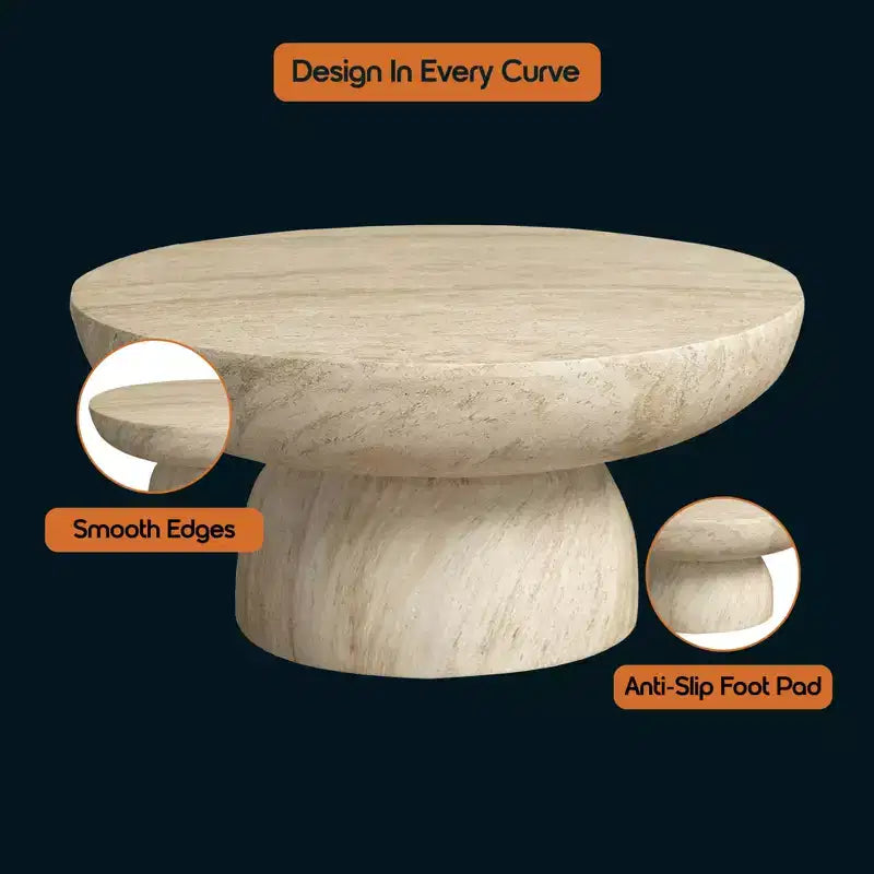 Table basse piédestal ronde en Fiberstone, table d'appoint sculptée pour l'intérieur et l'extérieur avec patins antidérapants