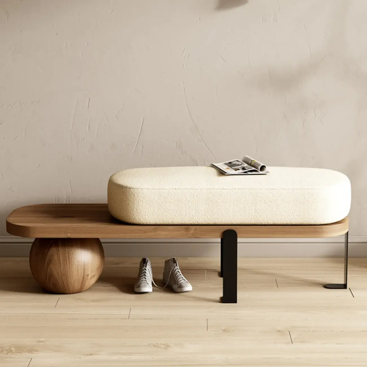 Banc court rembourré en bois beige moderne