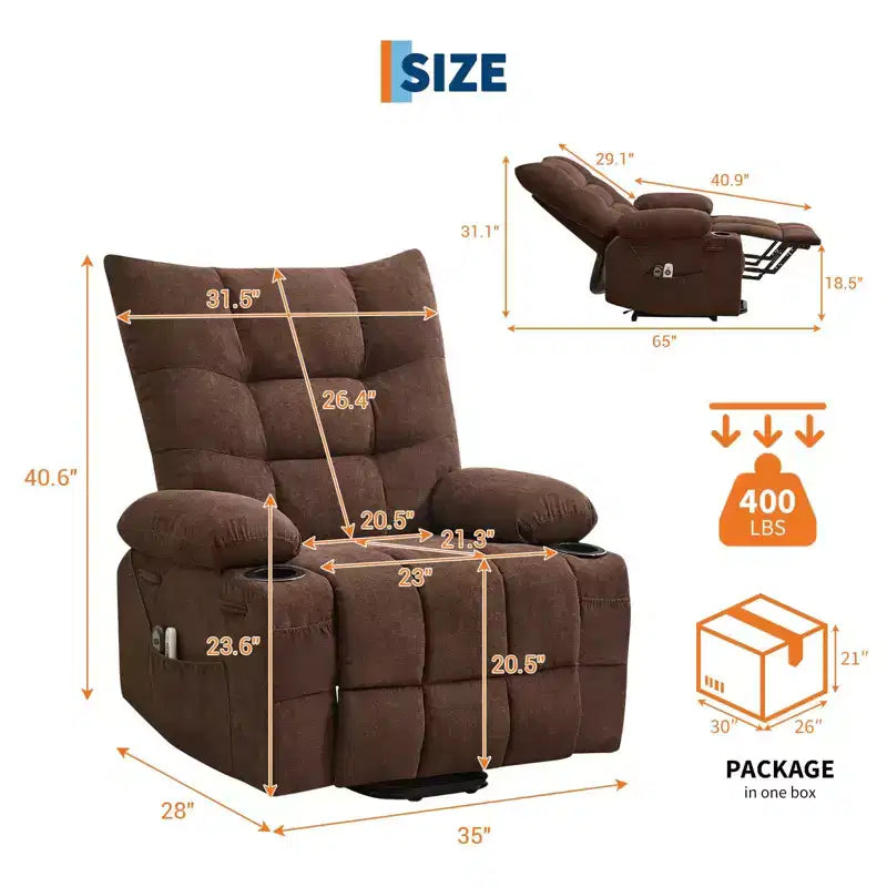 Fauteuil inclinable releveur électrique pour personnes âgées avec fonctions massage et chauffage, inclinable surdimensionné avec fonctions massage et chauffage, revêtement doux et rembourré, poche latérale et porte-gobelets