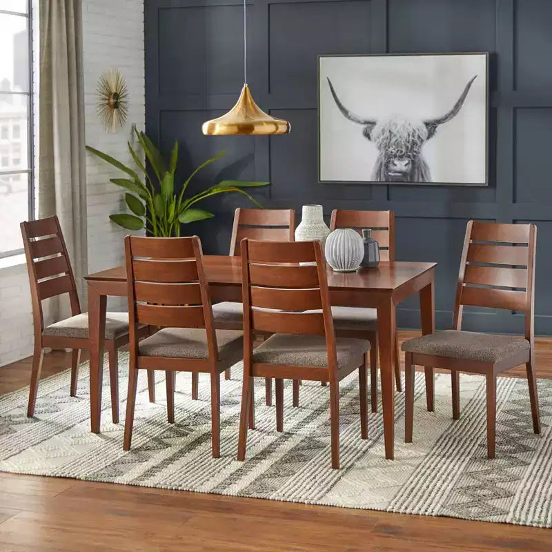 Set of 2 Mid-Century Dining Chairs Walnut: Beech Wood, Ladder Back Design, Gray Upholstery