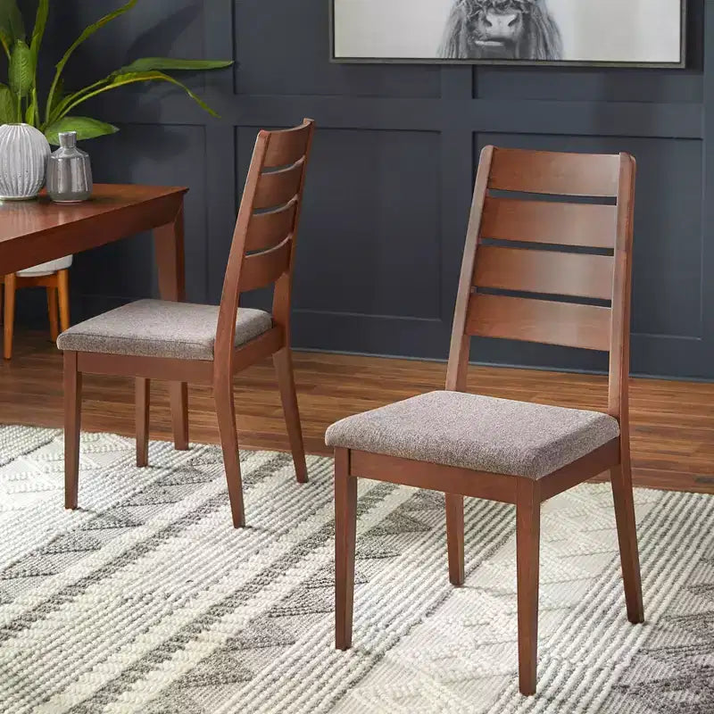 Set of 2 Mid-Century Dining Chairs Walnut: Beech Wood, Ladder Back Design, Gray Upholstery