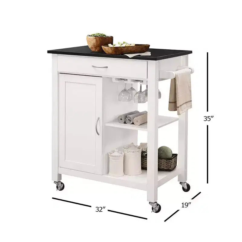 Wheeled Kitchen Bar Cart Black/White – Glass Rack, Drawer, Storage