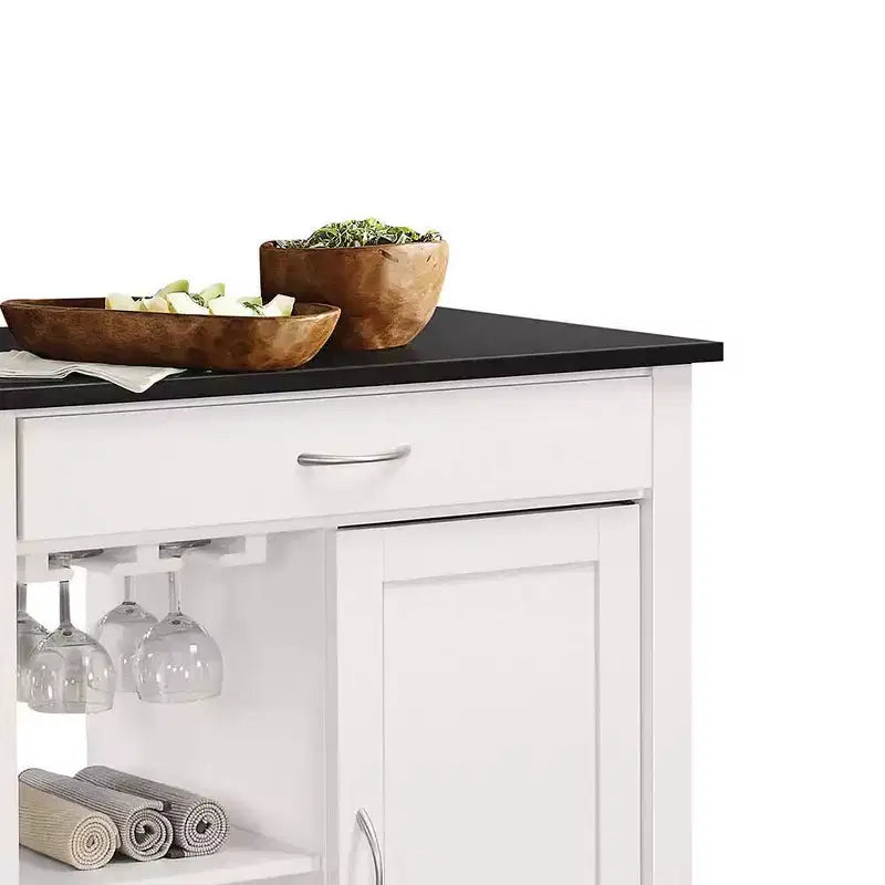Wheeled Kitchen Bar Cart Black/White – Glass Rack, Drawer, Storage