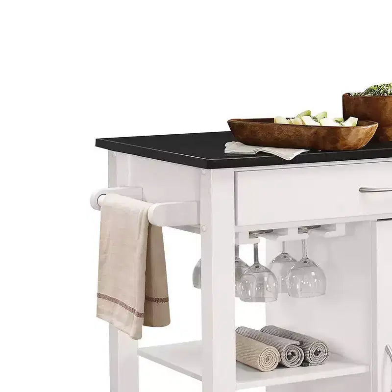 Wheeled Kitchen Bar Cart Black/White – Glass Rack, Drawer, Storage