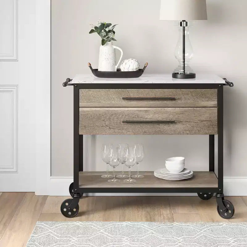 Stone Top Mixed Material Kitchen Island Brown – Solid Hardwood, Storage, Wheels