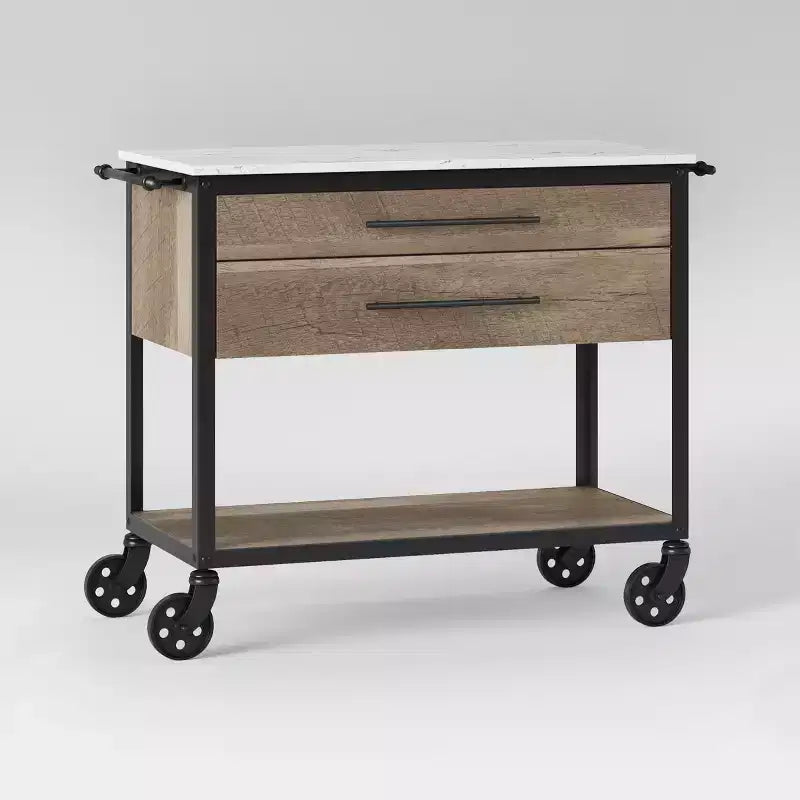 Stone Top Mixed Material Kitchen Island Brown – Solid Hardwood, Storage, Wheels