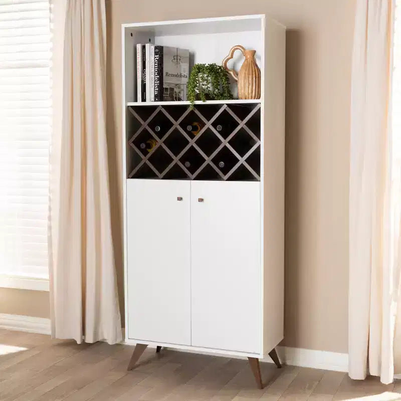 Mid-Century Modern Wine Cabinet White/Brown – Holds 10 Bottles