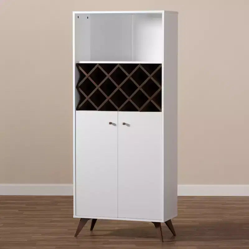 Mid-Century Modern Wine Cabinet White/Brown – Holds 10 Bottles