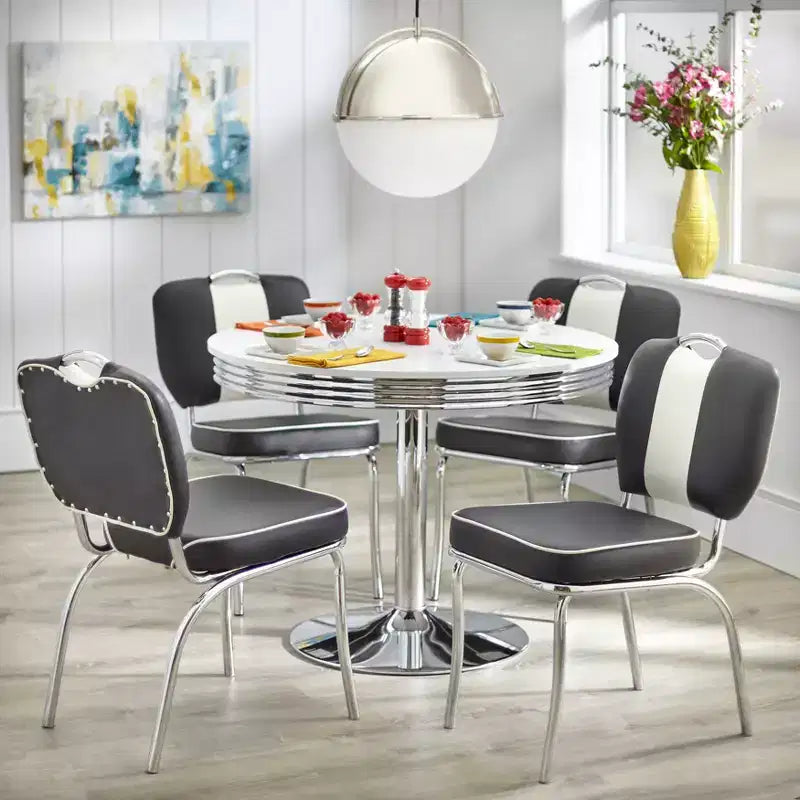 Retro Round Dining Table White – Chrome Pedestal Base, Seats 4