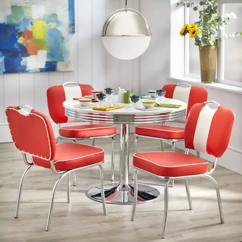 Retro Round Dining Table White – Chrome Pedestal Base, Seats 4