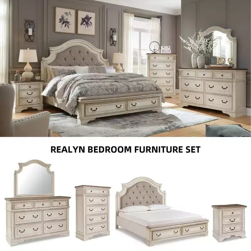 7-Drawer Dresser Chipped White – Cottage Style, Wood Composite Frame