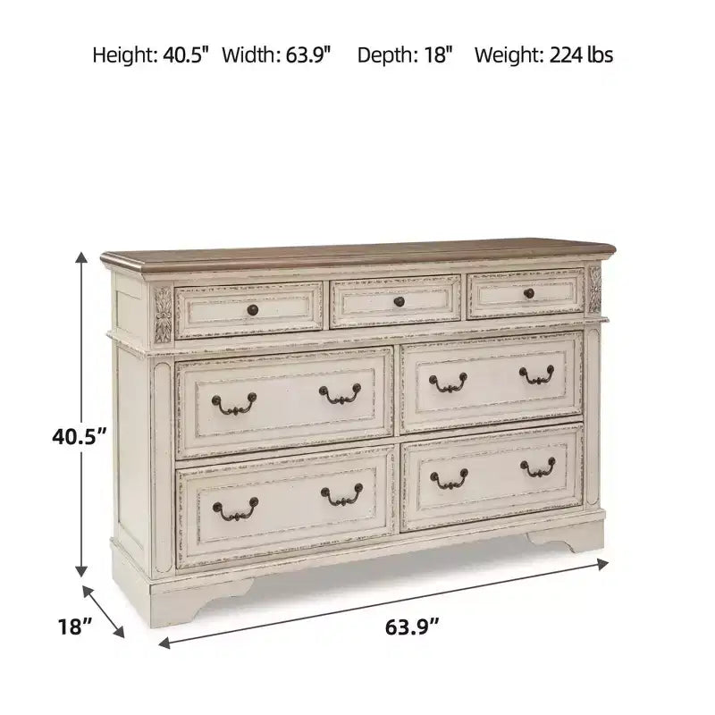 7-Drawer Dresser Chipped White – Cottage Style, Wood Composite Frame