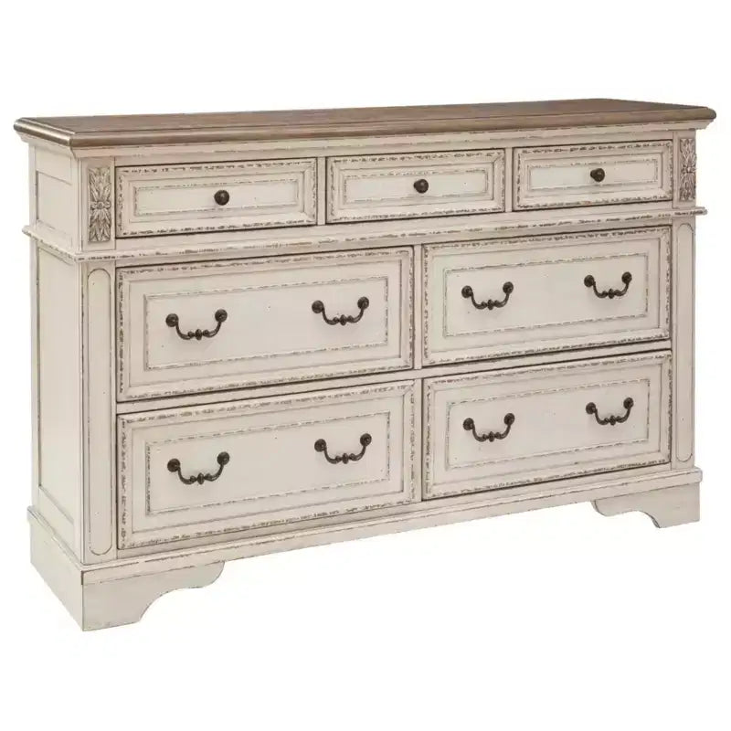 7-Drawer Dresser Chipped White – Cottage Style, Wood Composite Frame