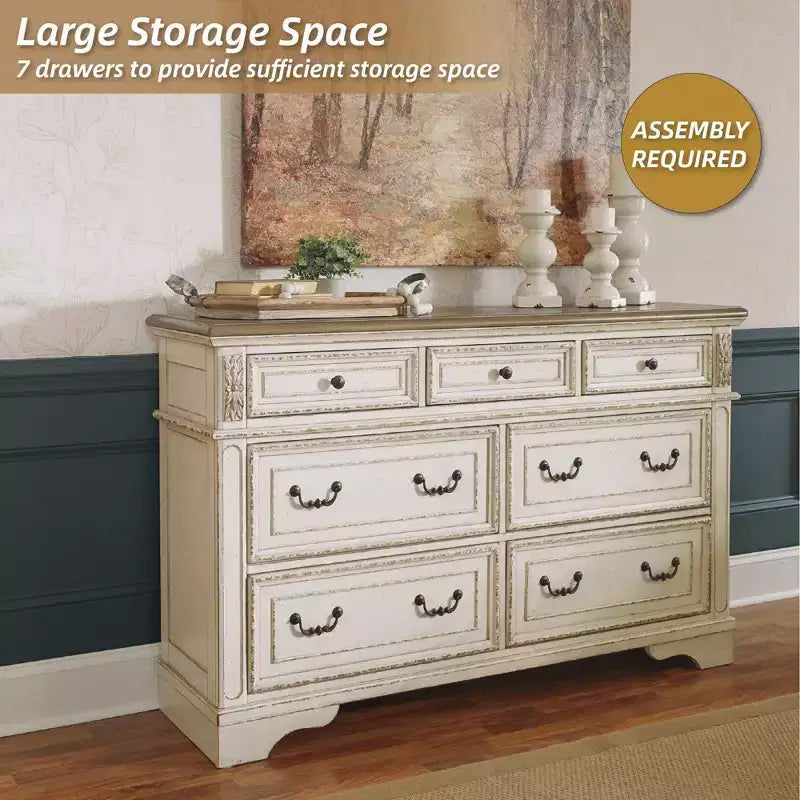 7-Drawer Dresser Chipped White – Cottage Style, Wood Composite Frame