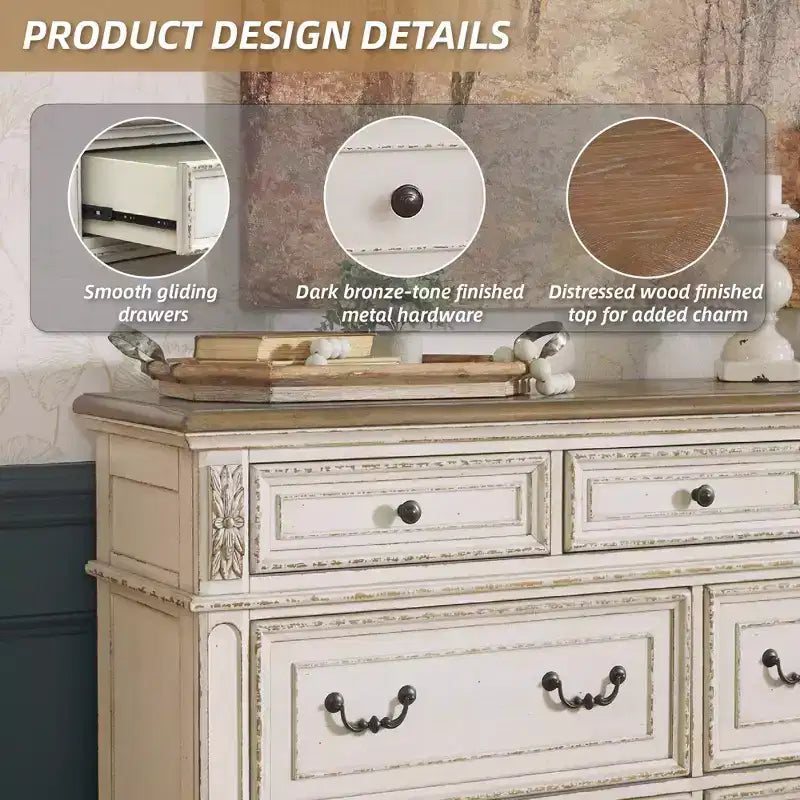 7-Drawer Dresser Chipped White – Cottage Style, Wood Composite Frame