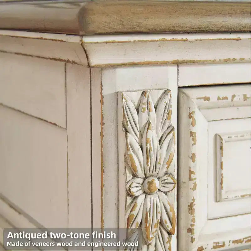 7-Drawer Dresser Chipped White – Cottage Style, Wood Composite Frame
