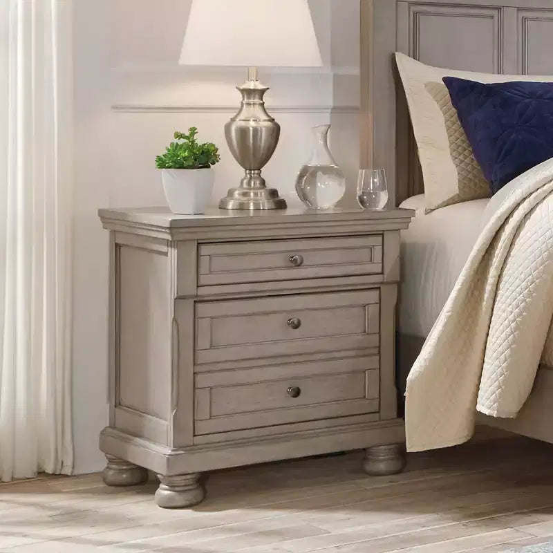 Two Drawer Nightstand Light Gray – Inlaid Panels, Bun Feet, Silvertone Hardware