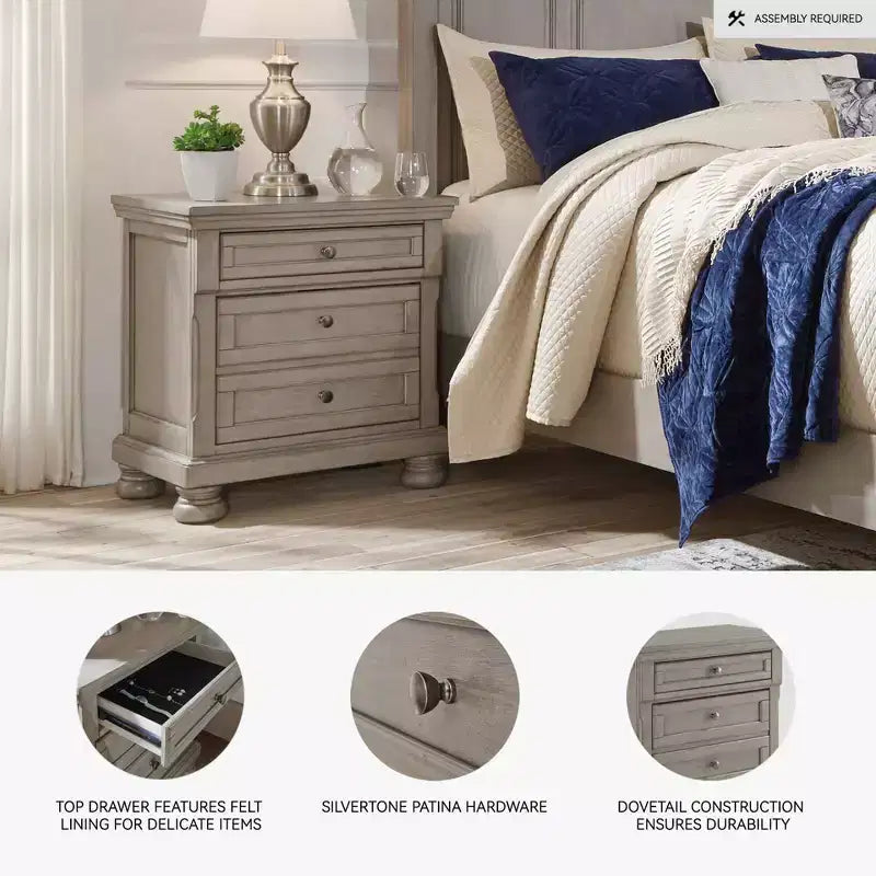 Two Drawer Nightstand Light Gray – Inlaid Panels, Bun Feet, Silvertone Hardware