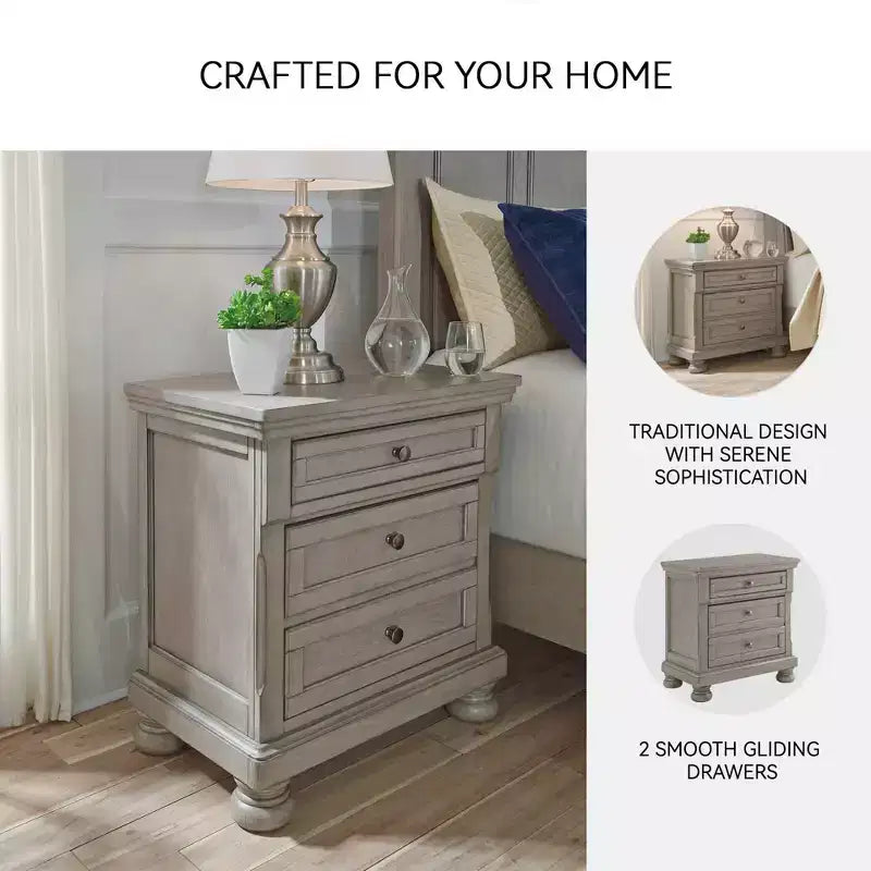 Two Drawer Nightstand Light Gray – Inlaid Panels, Bun Feet, Silvertone Hardware