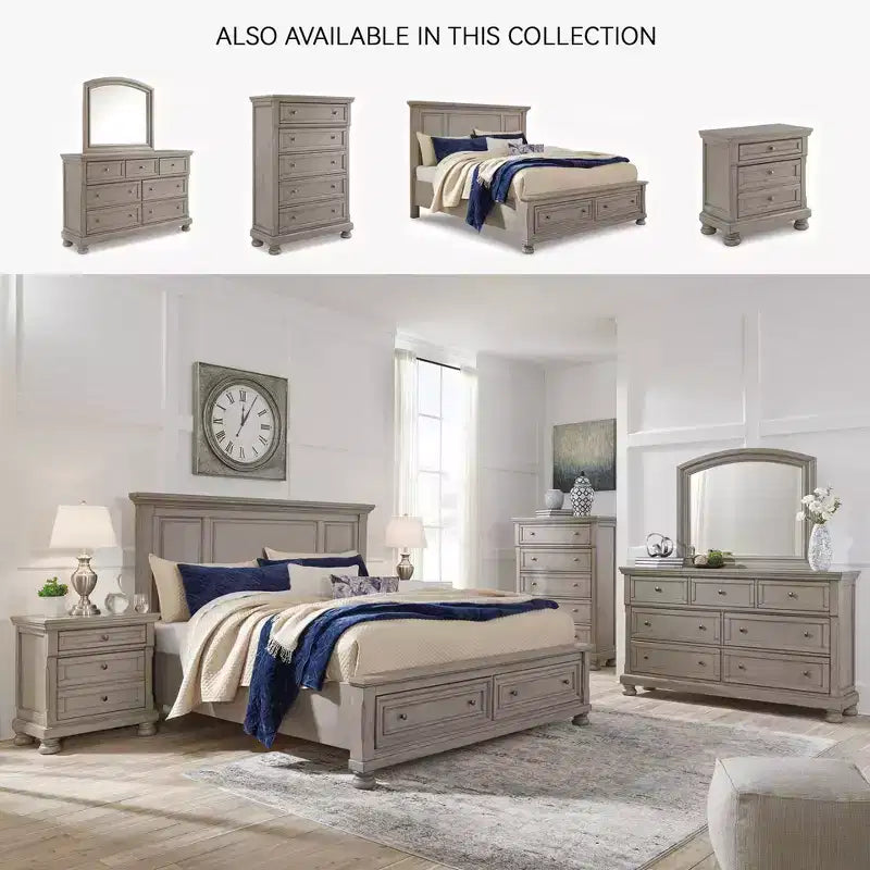 Two Drawer Nightstand Light Gray – Inlaid Panels, Bun Feet, Silvertone Hardware