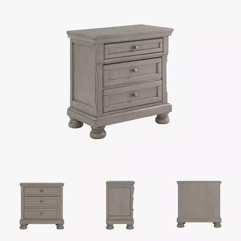 Two Drawer Nightstand Light Gray – Inlaid Panels, Bun Feet, Silvertone Hardware