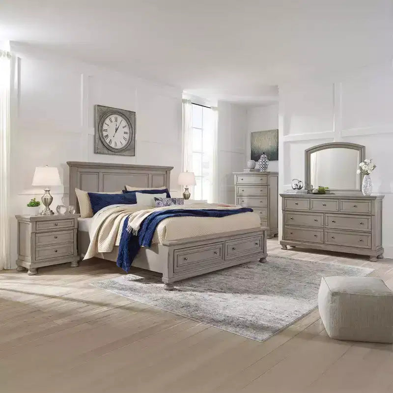 Two Drawer Nightstand Light Gray – Inlaid Panels, Bun Feet, Silvertone Hardware