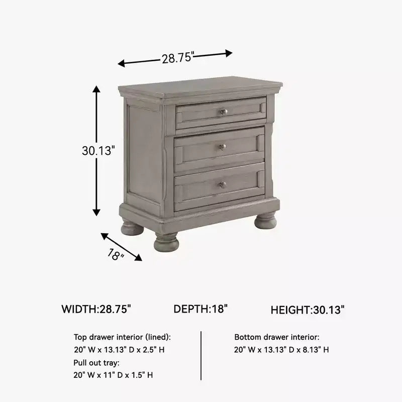 Two Drawer Nightstand Light Gray – Inlaid Panels, Bun Feet, Silvertone Hardware
