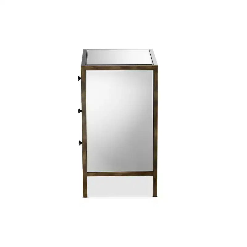 Mirrored 3-Drawer Nightstand with Antique Brass Trim