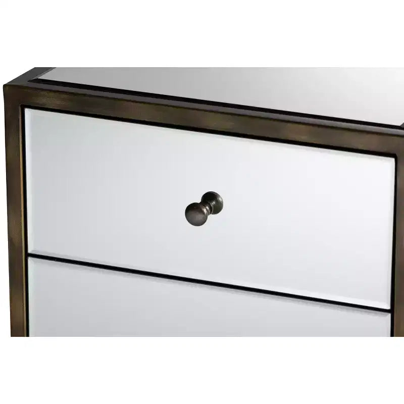 Mirrored 3-Drawer Nightstand with Antique Brass Trim
