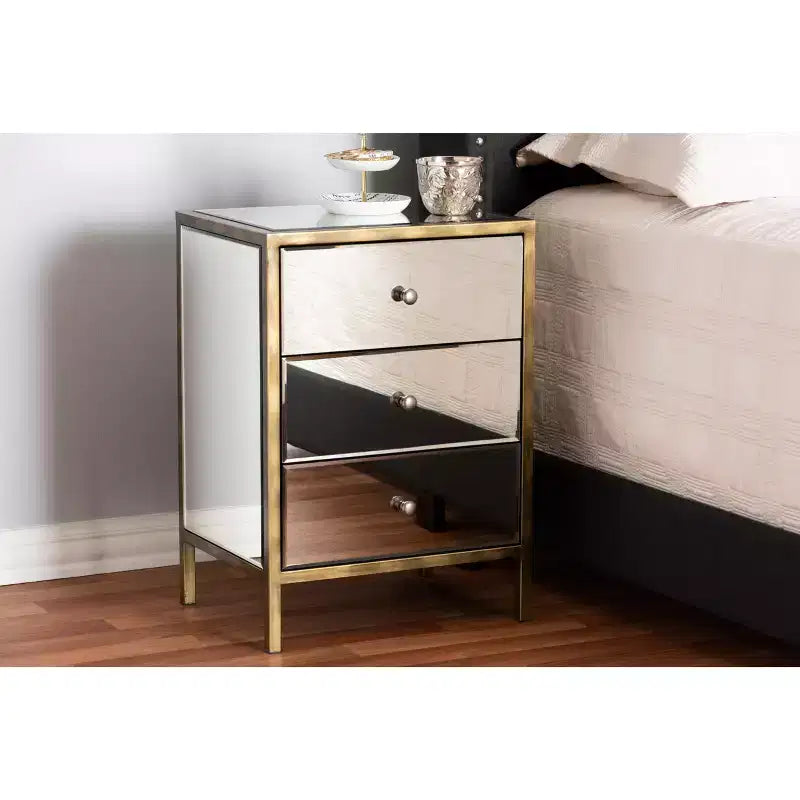 Mirrored 3-Drawer Nightstand with Antique Brass Trim