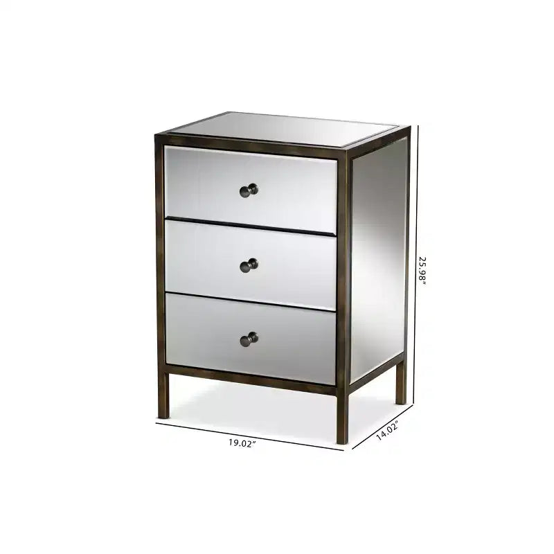 Mirrored 3-Drawer Nightstand with Antique Brass Trim