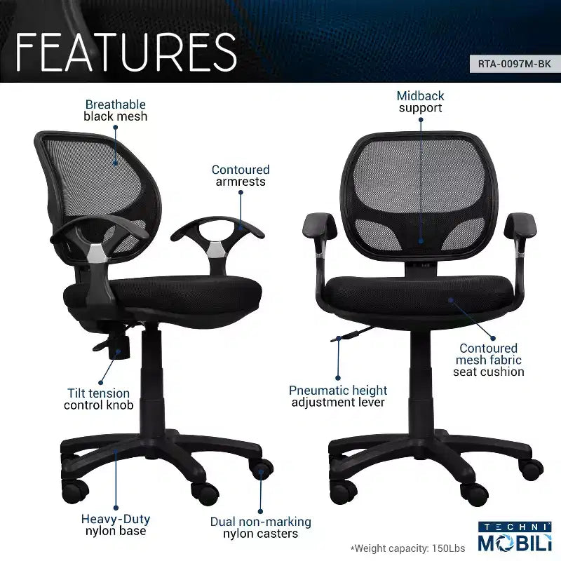 Midback Mesh Task Office Chair Black – Pneumatic, Swivel, 150 lb Capacity