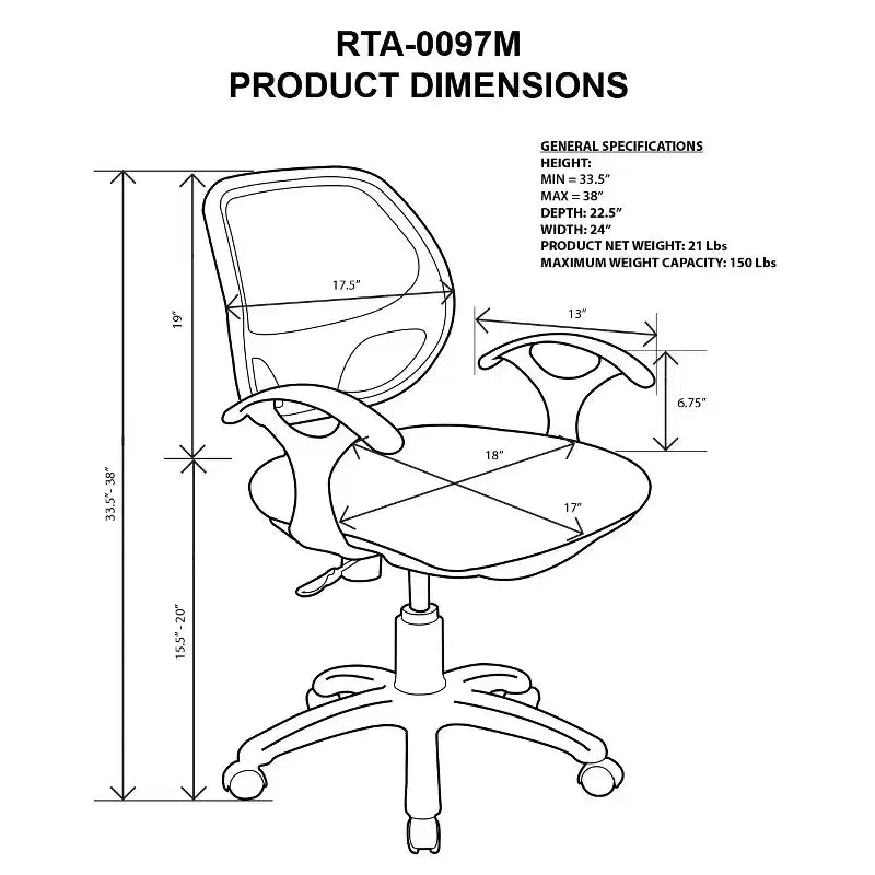 Midback Mesh Task Office Chair Black – Pneumatic, Swivel, 150 lb Capacity