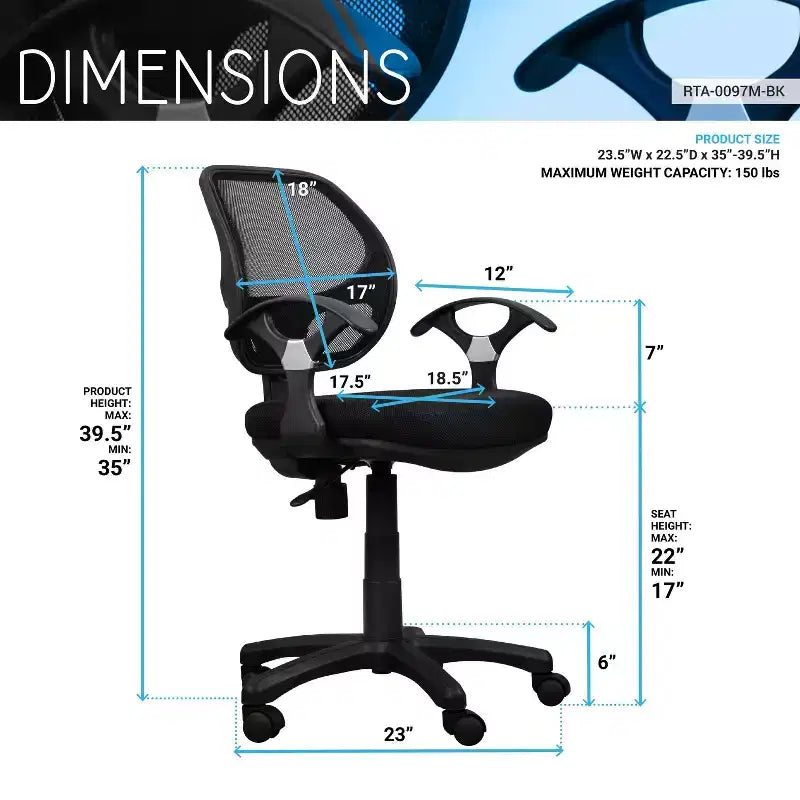 Midback Mesh Task Office Chair Black – Pneumatic, Swivel, 150 lb Capacity