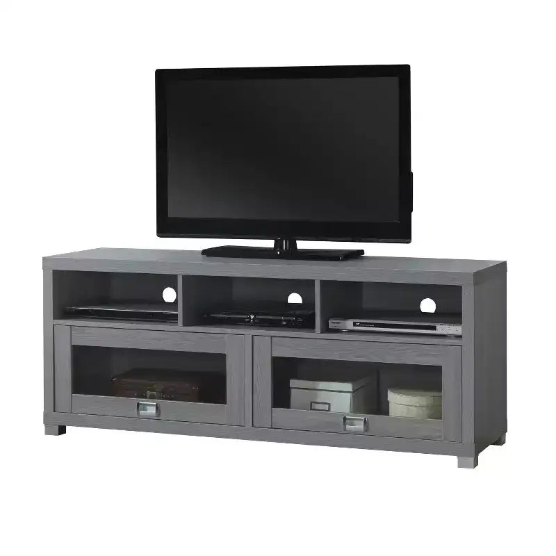 TV Stand for TVs up to 65" Gray – Glass Doors, Open Shelves, Cord Management