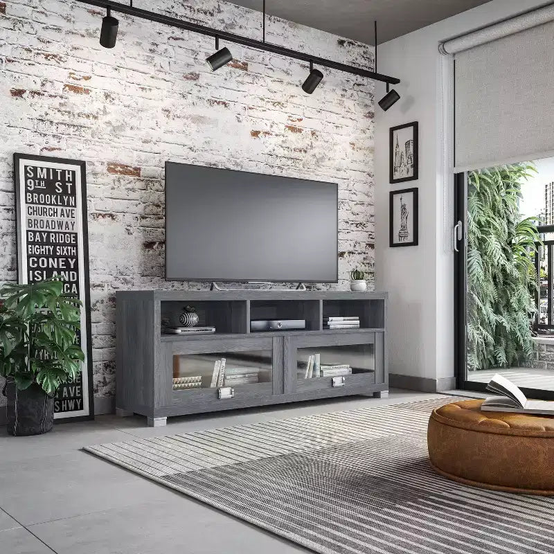 TV Stand for TVs up to 65" Gray – Glass Doors, Open Shelves, Cord Management