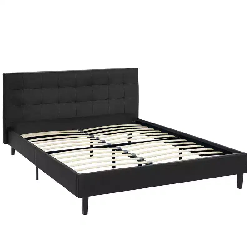 Faux Leather Platform Bed Full Black – Tufted Headboard, Reinforced Support