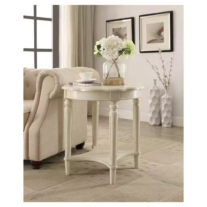 Round Off-White End Table with Bottom Shelf, French Style