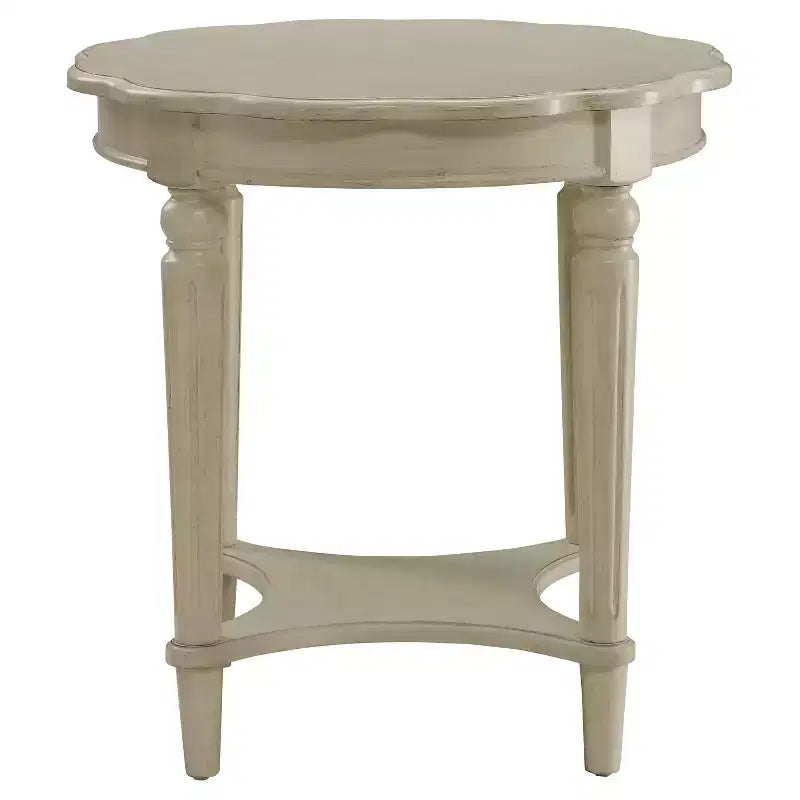 Round Off-White End Table with Bottom Shelf, French Style