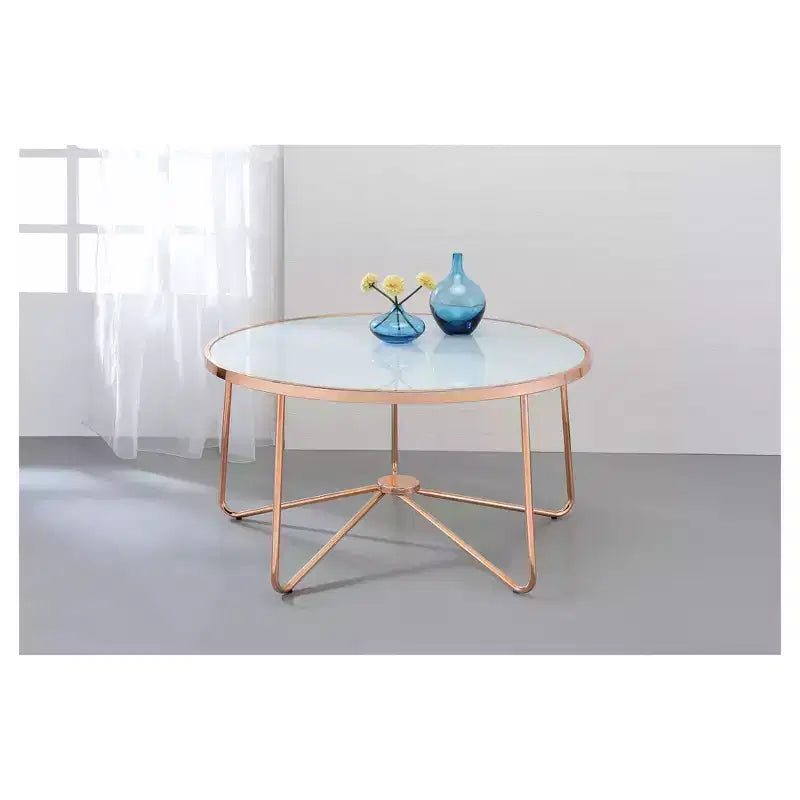Round Frosted Glass Coffee Table Rose Gold – 18" High, Metal Frame