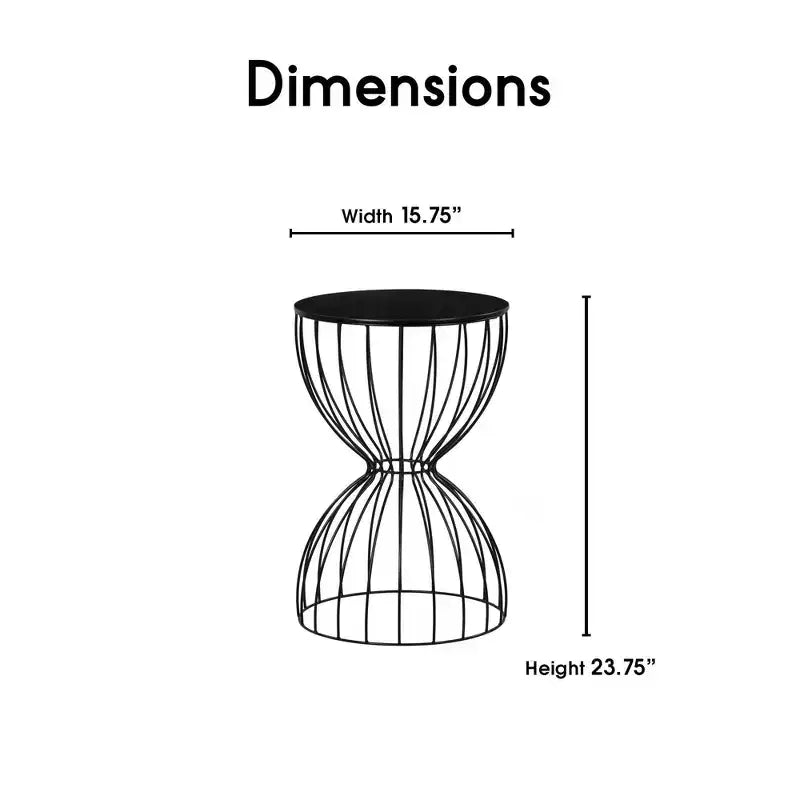 Round Hourglass Side Table Noir Black – Metal Frame, MDF Top, 23.62" Height