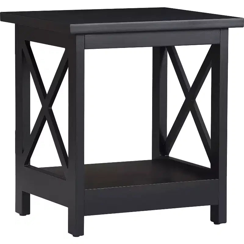 Modern Farmhouse Side Table Black with X-Lattice Sides and Bottom Shelf