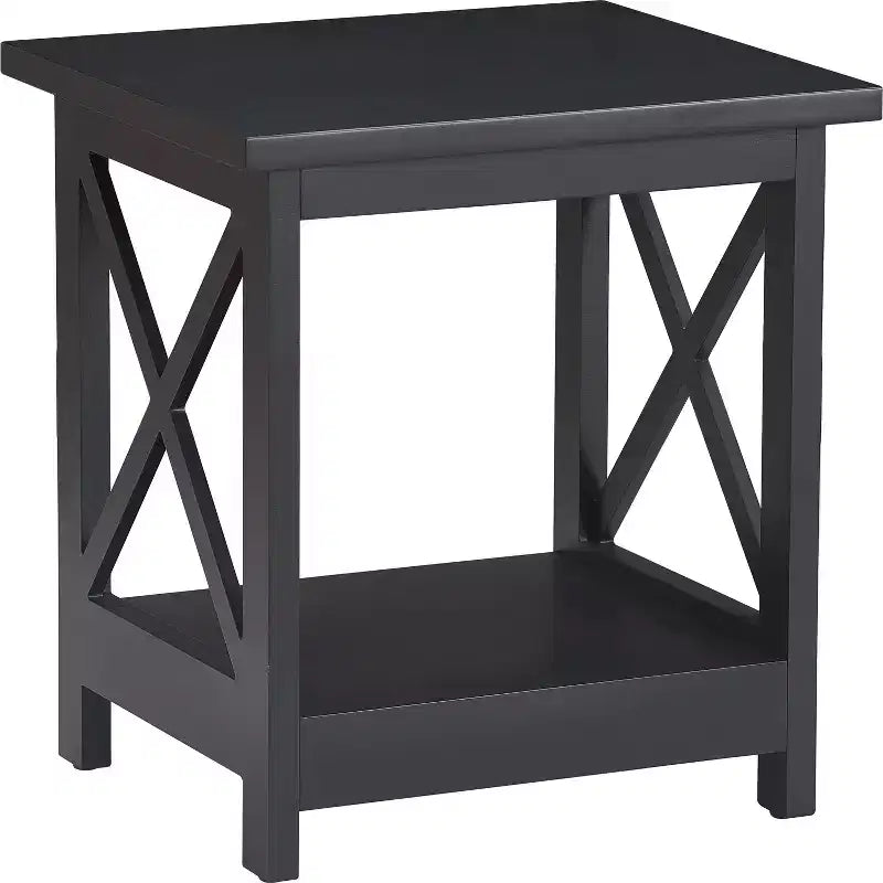 Modern Farmhouse Side Table Black with X-Lattice Sides and Bottom Shelf